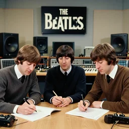 the Beatles in the studio in the 70s, promotional photos, writing new songs for their new album
