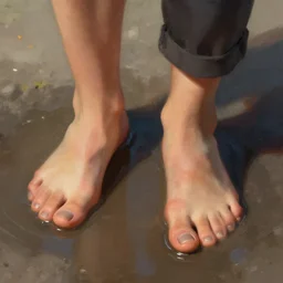 feet in puddle close - up, highly detailed, digital painting, artstation, concept art, sharp focus, illustration, art by artgerm and greg rutkowski and raphael lacoste and magali villeneuve