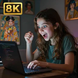 a cute girl coding frantically on her laptop, very excited with eyes wide opened, cinematic and dramatic, 8 k, crisp lines, sharp edges, vibrant colors by artgerm, cushart krenz, greg rutkowski, mucha and norman rockwell