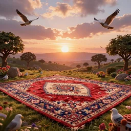 photo of a sunrise in the magic Fluffy 3d Persian Carpet dimension, everything is carpet and 3d, birds and trees, surreal, Pixar movie panorama, immense detail, epic, striking