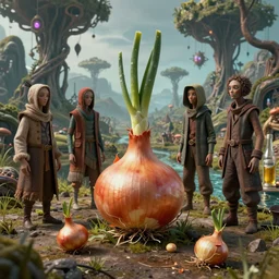 a photo of several oddly clothed beings on an alien planet where a humanoid species are evolved from onions, there are strange trees in the background and a river of lager, highly detailed