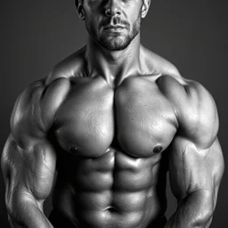 grayscale photo of a bodybuilder with a very defined chin