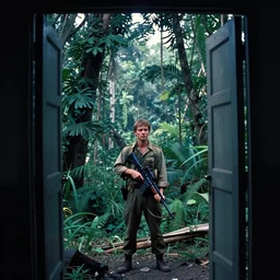 film still, finn wolfhard, extreme far view, jungle, vietnam door gunner, apocalypse now, full metal jacket, associated press, kodak ektachrome, blue tint expired film