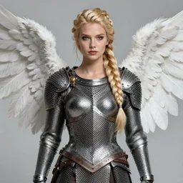 artistic portrait of a valkyrie with white feathered wings, wearing chainmail, feathered wings, perfect fit body, long blonde braided hair, beautiful eyes and lips, art by artgerm, highly detailed, digital painting, trending on artstation, concept art, sharp focus, illustration, masterpiece