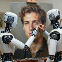 robot artist painting a self - portrait on a canvas. intricate, highly detailed, photorealistic, film still, by alexandros pyromallis, sachin teng, gil elvgren.