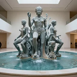 neo tribal futuristic fountain in the museum of gods, water, pond, majestic installation, contemporany art, biennale, 3 d printing