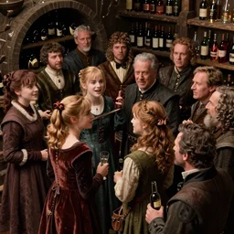 photography crowd of emma watsons fight with nicholas cage in a medieval wine cellar detailed matte painting,