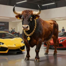 classic oil painting, a bull with a gold chain on his chest, standing in the middle of a car showroom, lamborghini, ferari, rich life, highly detailed, digital illustration, concept art, smooth, sharp focus, art