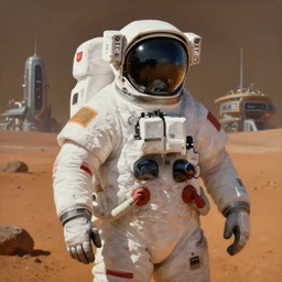 beautiful lifelike studio painting of a futuristic cyberpunk astronaut on mars. futuristic mars civilization in background. beautiful perfectly shaded cinematic lighting, very very coherent, trending on artstation, greg rutkowski, hyper detailed, 4 k, high quality, smooth, sharp focus
