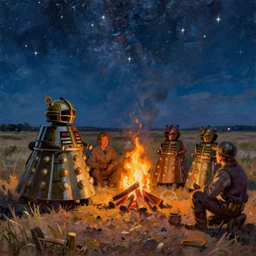 dramatic oil painting of daleks gathered around a campfire at night on the open prairie under a beautiful sky filled with stars, in the Western American style of Frederic Remington
