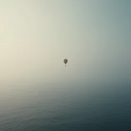 tiny hot hair ballon at the horizon flies above the sea, hazy, foggy, atmospheric perspective, volumetric fog, cinematic, 35mm lens, anamorphic lens flare, photographic, octane render, cinematography by roger deakins, in the style of ansel adams, low details,