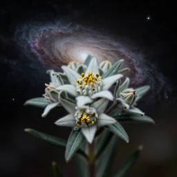 close up photography of edelweiss flower, 1. 2 f, 3 5 mm, dark, turning into galaxy, 1 9 2 0 s ghost photography