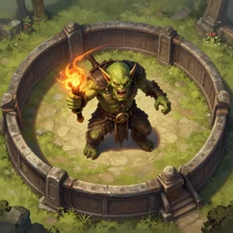 enraged goblin in fighting pit, aerial view, d & d, fantasy, concept art, artstation