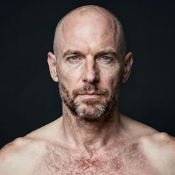 Middle aged, very pale, very hairy, blue eyed, very manly, balding white man, hyperrealistic, photograph
