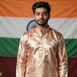 brahmin drake the rapper wearing a silk kurta, indian flag background, photorealistic