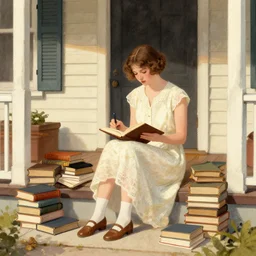 illustrated girl studying on a front porch, books all over the place, 1920s