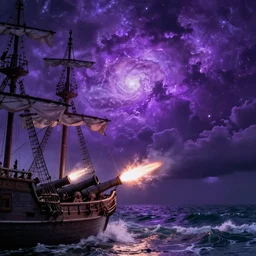 purple color lighting storm with stormy sea close up of a pirate ship firing its cannons trippy nebula sky with dramatic clouds  by banksy Photorealism