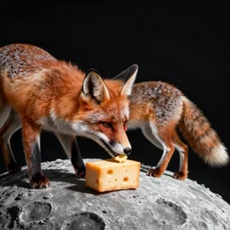 fox eating cheese on the moon
