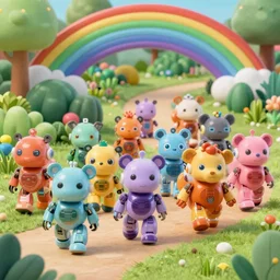 a herd of multi-coloured animal-robot hybrids walking in lush and rainbow coloured extra terrestrial jungle with strange plants under a bright multi sun sky, hyper detailed, digital art, trending in artstation, cinematic lighting, studio quality, smooth render, unreal engine, masterpiece, 8k