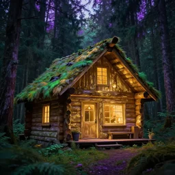 portrait of an ethereal vaporwave log cabin made of golden purple and green light, evergreen forest, divine, cyberspace, mysterious, high-contrast, 4k, award-winning photograph