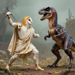 humanoid barn owl wearing a roman toga and holding a javelin fighting with an alien  velociraptor