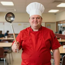 portrait photo still of real life school chef jerome mcelroy fat with red shirt and apron and chef hat in school cafeteria holding a ladel, 8 k, 8 5 mm, f. 1 4