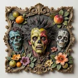 zombie, punk rock, the damned, multicolored faces, fruit and flowers, botanical, vanitas, sculptural, baroque, rococo, intricate detail, spiral, ornamental, photocopied, crude, symmetrical