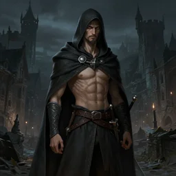 4 0 years old man, skinny, slim : : goatee : : hooded cloak, dagger : : medieval city, night, dark, grim, high detail, digital art, rpg, illustration