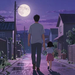 a beautiful anime style image of a father walking down a wet street with her little daughter on a full moon night , clear sky, realistic, by makoto shinkai, octane, 3d render, pink and purple coloured theme