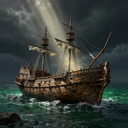 wooden shipwreck of old pirate ship on rocks at sea, dramatic lighting, sun beams, god rays illuminating wreck, dark background, gloomy green sea, fantasy art