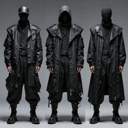 goth techwear look and clothes, we can see them from feet to head, highly detailed and intricate, hypermaximalist, futuristic, luxury, Rick Owens, Errolson Hugh, Yohji Yamamoto, Y3, ACRNYM, cinematic outfit photo