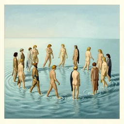 A vintage scientific illustration from the 1970s of a choreography for people who can walk on water by René Magritte