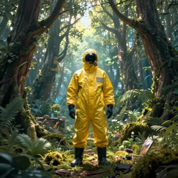 a mysterious man in a yellow hazmat suit stands in a detailed fantastic forest, painting, concept - art, rendering, octane, redshift, cinematic composition, volumetric lighting