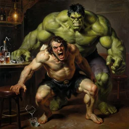 painting by francisco goya of a screaming, brutish, ogre-ish jon taffer!!! in a bar, broken glasses and drinks in the background, hulkish, towering, distressing, disturbing hd, high quality, visible texture and brush strokes