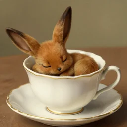 A tiny vulpix sleeping in a teacup, close angle, matte painting, 1930,