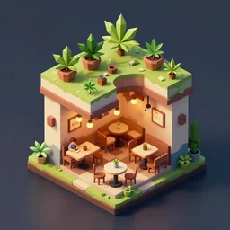 isometric cute cartoon of utopian cafe building cross section, a few cannabis leaf pots. by benoit mandelbrot, render pixar, low poly digital art artstation sims video game still australian