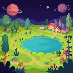 in a park and next to a lake, in a small town on an alien planet, with strange alien plants and flowers, from a space themed Serria point and click 2D graphic adventure game, made in 2019, octane render
