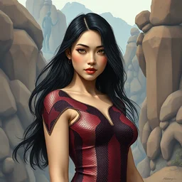 girl with long black hair in burgundy python snake skin bodysuit at sun hills biome. highly detailed, digital painting, watercolor, soviet realism, engraving, artstation, concept art, smooth, sharp focus, vivid grunge, illustration, unreal engine 5, 8 k, art by bilibin and kilian eng and kuvshinov and malevich and mucha