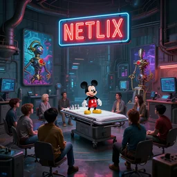a group of people sitting in an industrial complex, watching mickey mouse on operating table, a neon sign that says netflix hangs above, cyberpunk art by rube goldberg, cgsociety, computer art, dystopian art, reimagined by industrial light and magic, concept art