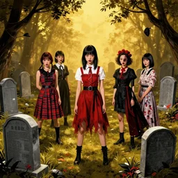 a girl group perform on chinese graveyard, sacrastic, avant garde art, illustration art, double meaning, pop art, funny, political, cinematic lighting, golden ratio