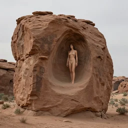 hyper realistic, high detail photo of sand stone formations, a huge woman caught inside a rauk, thomas kinkade style painting, beautiful, dreary lighting,