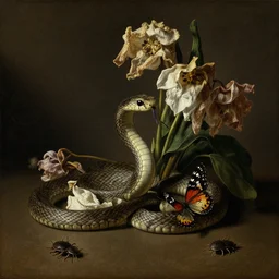 snake hunting butterfly still life, withered flowers, isopods crawling, otto marseus van schrieck still life, dutch golden age painting, dramatic lighting, cinematic lighting, willem van aelst still life, elias van den broeck painting still life, christiaen striep still life, rachel ruysch flowers, oil on canvas, highly detailed, vanitas baroque painting