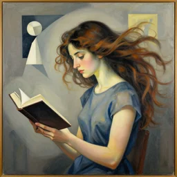 a girl reading a book her hair flowing down in the style of umberto boccioni