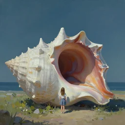 atmospheric painting of a giant seashell house, a young girl stands outside, by moebius and john harris, atmospheric, concept art, saturation 2