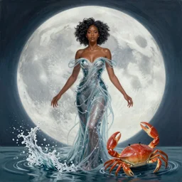 lunar goddess with dress made of splashing water, beautiful mixed race black woman in water gown, lunar imagery, crab crustacean, digital oil painting by artgerm, greg rutkowski, mucha, portrait | art nouveau. d & d. ornate intricate detail, complimentary air tones. sharp edges. clear detailed. 8 k. elegance