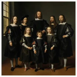 super quality family portrait in the main room of the castle painted in 1 6 5 6, dark room, one point of light coming through the window inspired by las meninas, clear spaces between each subject and good detail and realistic eyes, faces for each person in the canva, inspired by diego velasquez baroque style