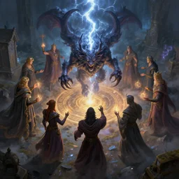 mages in circle summoning an evil beast. lighting, flux. fantasy, digital painting, hd, highly detailed.