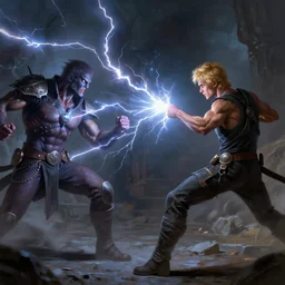 a man with short blonde hair shooting lightning bolts at his enemy in battle. detailed matte painting. masterpiece. coherent. rule of thirds 4 k. fantasy art. by gaston bussiere. derek zabrocki. craig mullins