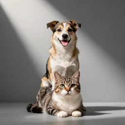 a smiling dog sitting on top of a cat, professional photography