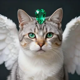 fantasy portrait angel cat with emerald in head looking towards camera, high detail, digital art, beautiful , concept art,fantasy art, 4k